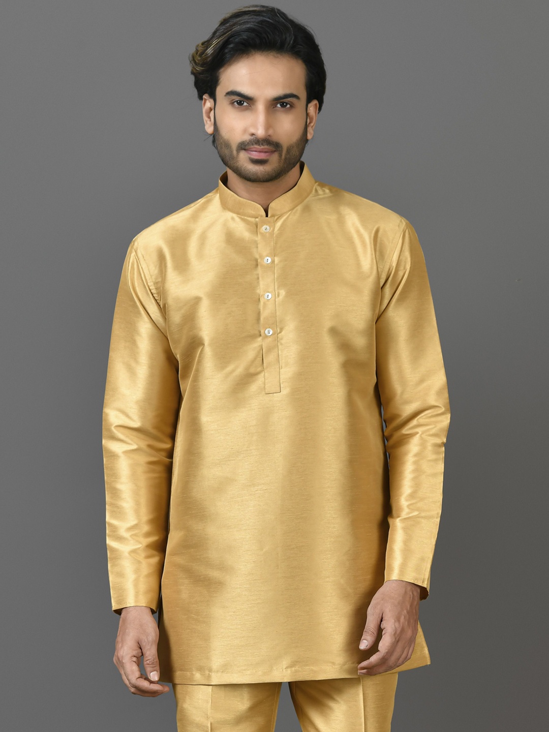 

Sayisha Mandarin Collar Silk Short Straight Kurta, Beige