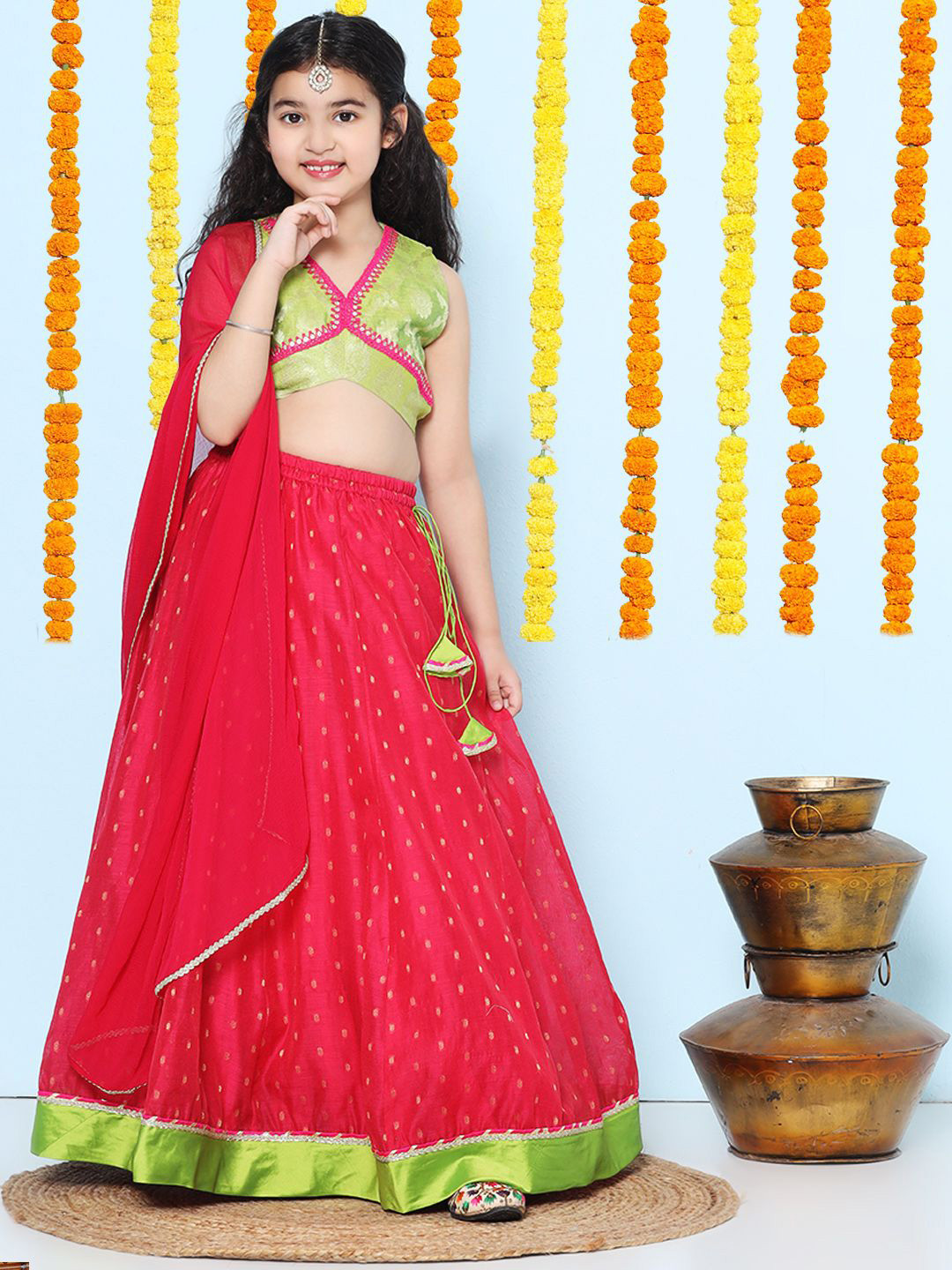

Bitiya by Bhama Girls Floral Woven Design Ready to Wear Lehenga & Blouse With Dupatta, Pink