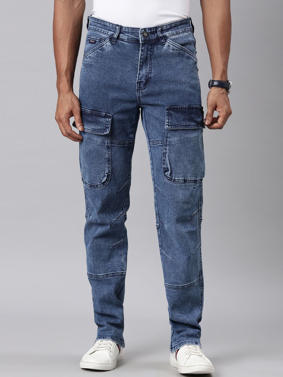 

CINOCCI Men Regular Fit Stretchable Cargo Jeans, Blue