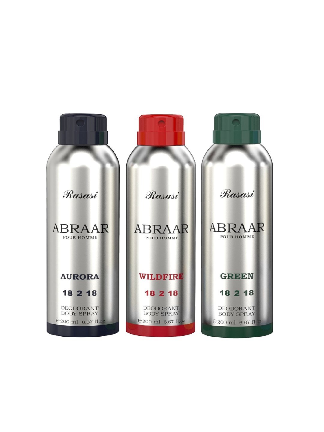 

Rasasi Set Of 3 Abraar Aurora, Green & Wildfire Deodorant Body Spray- 200ml Each, Silver