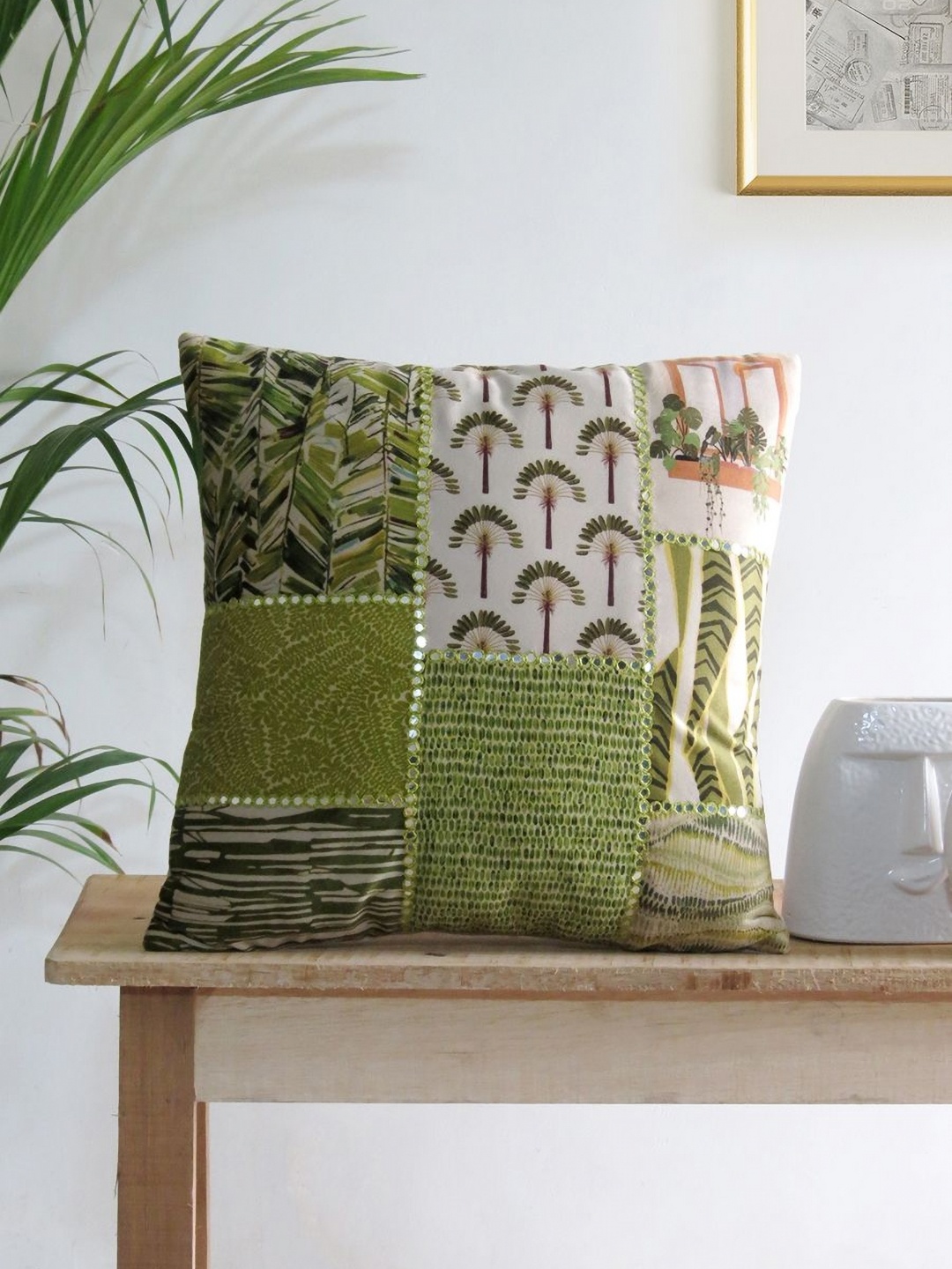 

Mid July Home Green & Off White Ethnic Motifs Velvet Square Cushion Covers