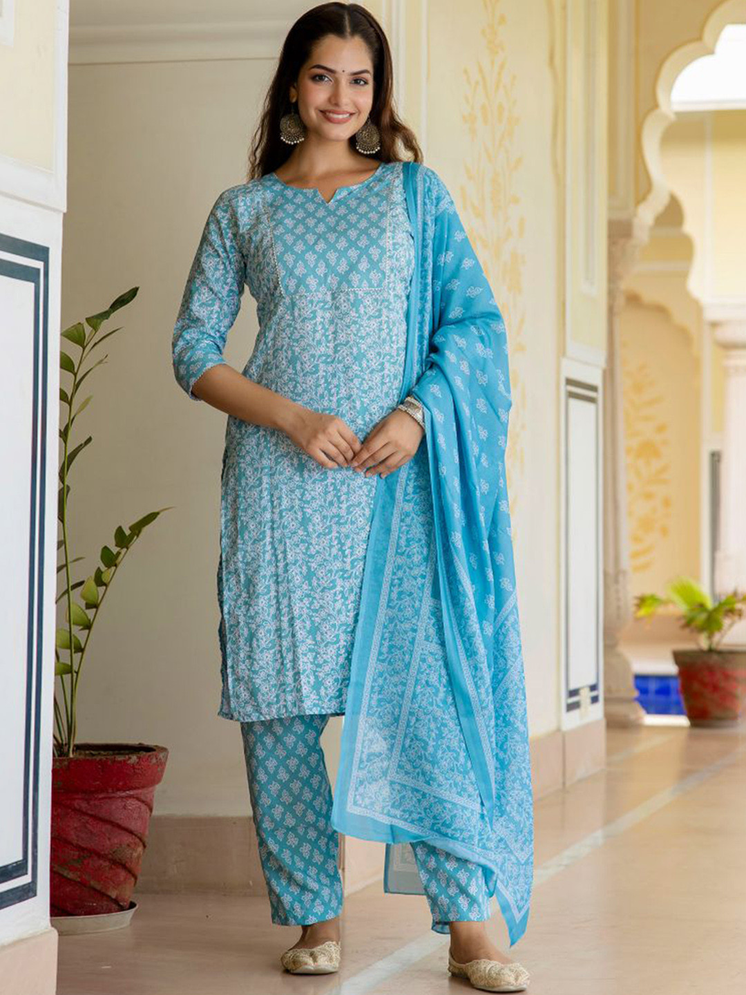 

Anouk Blue Floral Printed Gotta Patti Straight Kurta With Trouser & Dupatta