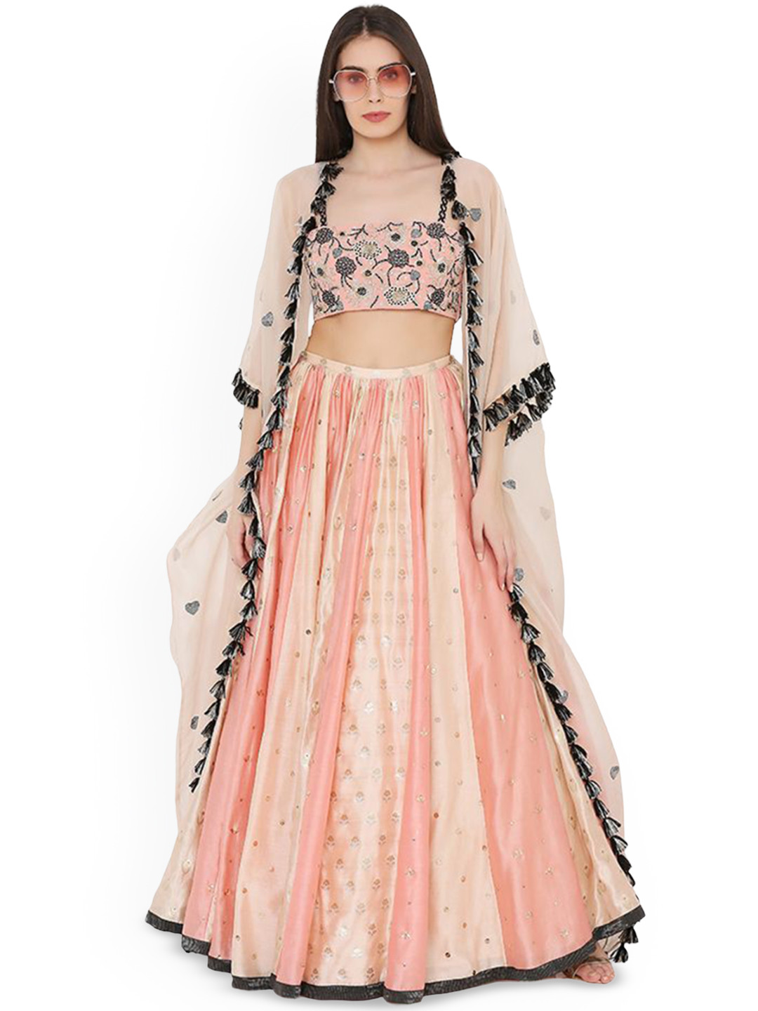 

Payal Singhal Embroidered Bustier With Multi Panelled Skirt & Cape Co-Ords, Coral