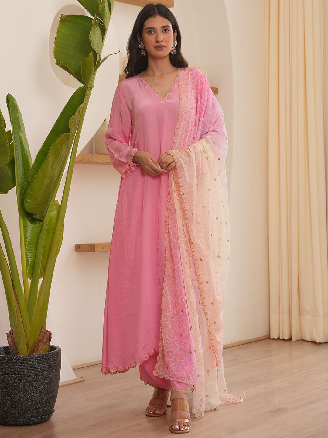 

OneWe Quinn Pure Silk A-Line Kurta with Trousers & Dupatta, Pink