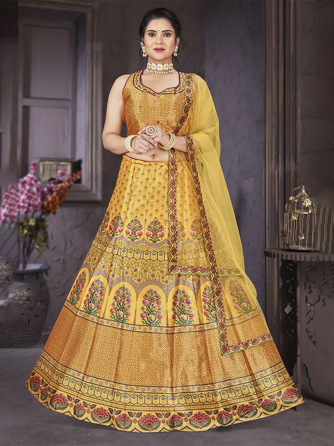 

Krimmple Printed Beads and Stones Ready to Wear Lehenga & Blouse With Dupatta, Yellow