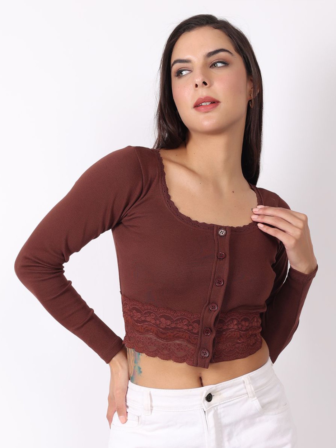

SIGHTBOMB Women Floral Lace Detail Cotton Crop Top, Brown