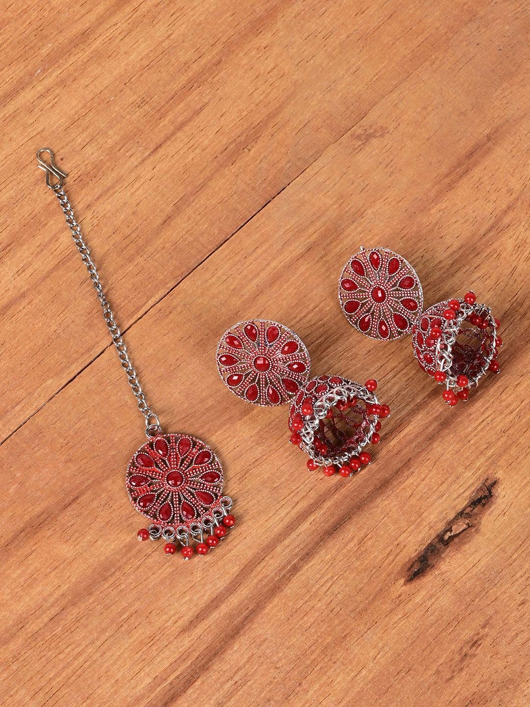 

Keviv Silver-Plated Maang Tika & Earrings Jewellery Set, Red