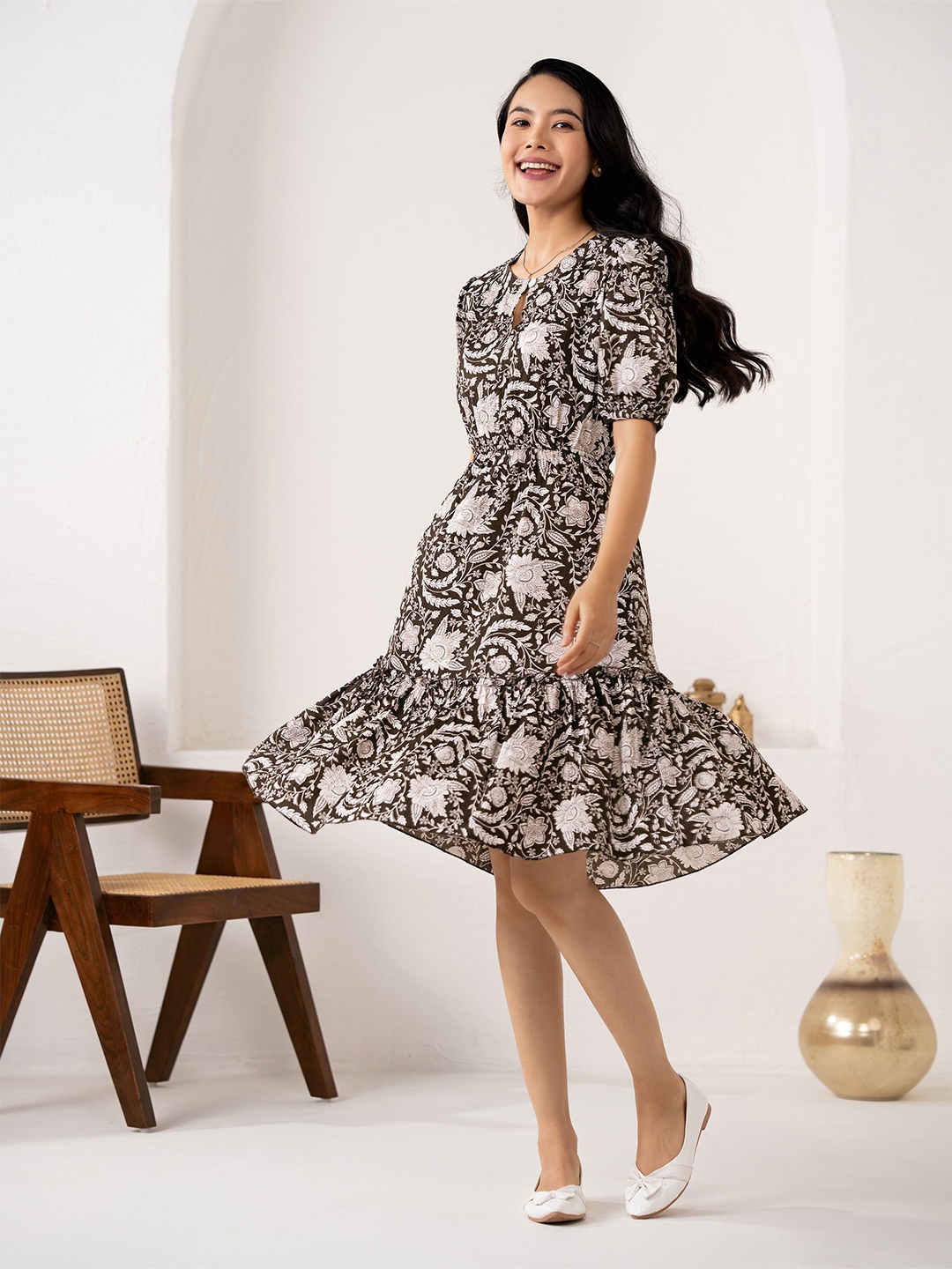 

AASK Floral Printed Tiered Fit & Flare Dress, Coffee brown