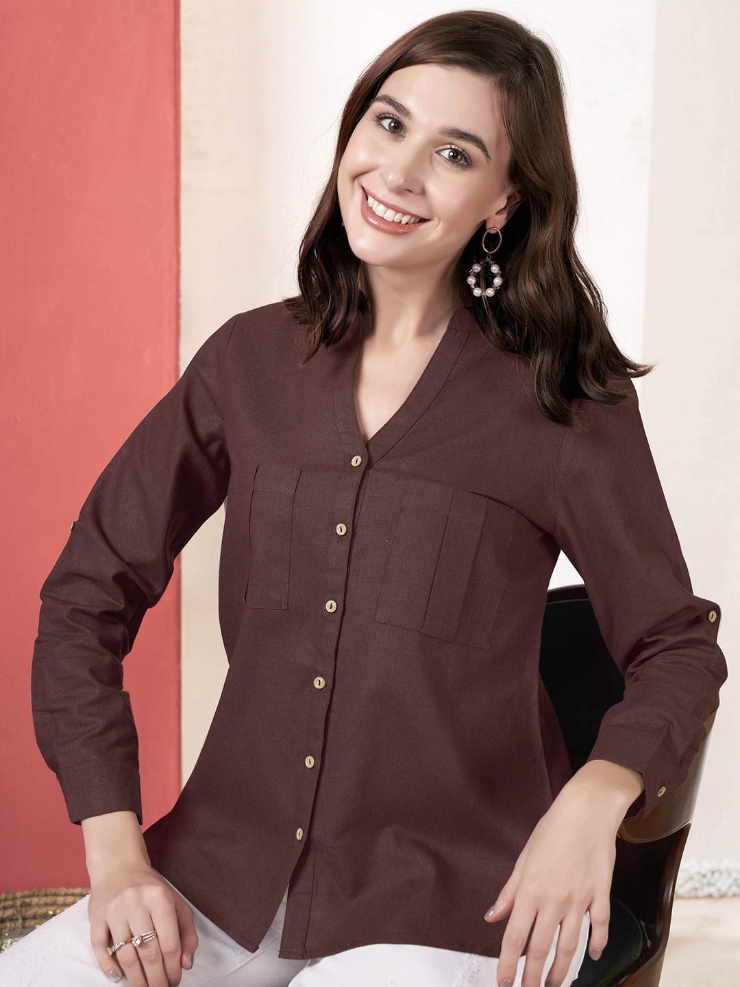 

Anouk Mandarin Collar Roll-Up Sleeves Cotton Shirt Style Top, Brown