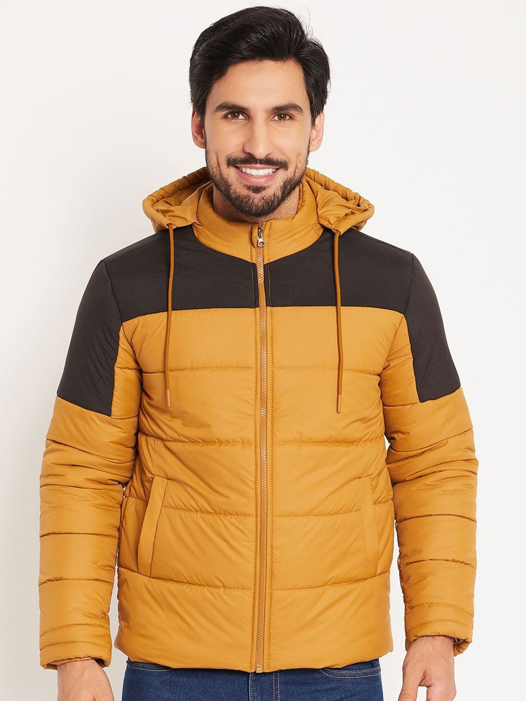 

VERO AMORE Men Colourblocked Quilted Hooded Jacket, Mustard