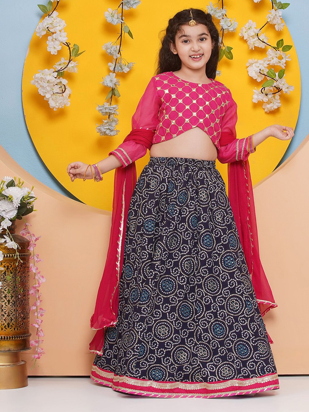 

Bitiya by Bhama Girls Floral Mirror Work Ready to Wear Lehenga & Blouse With Dupatta, Pink