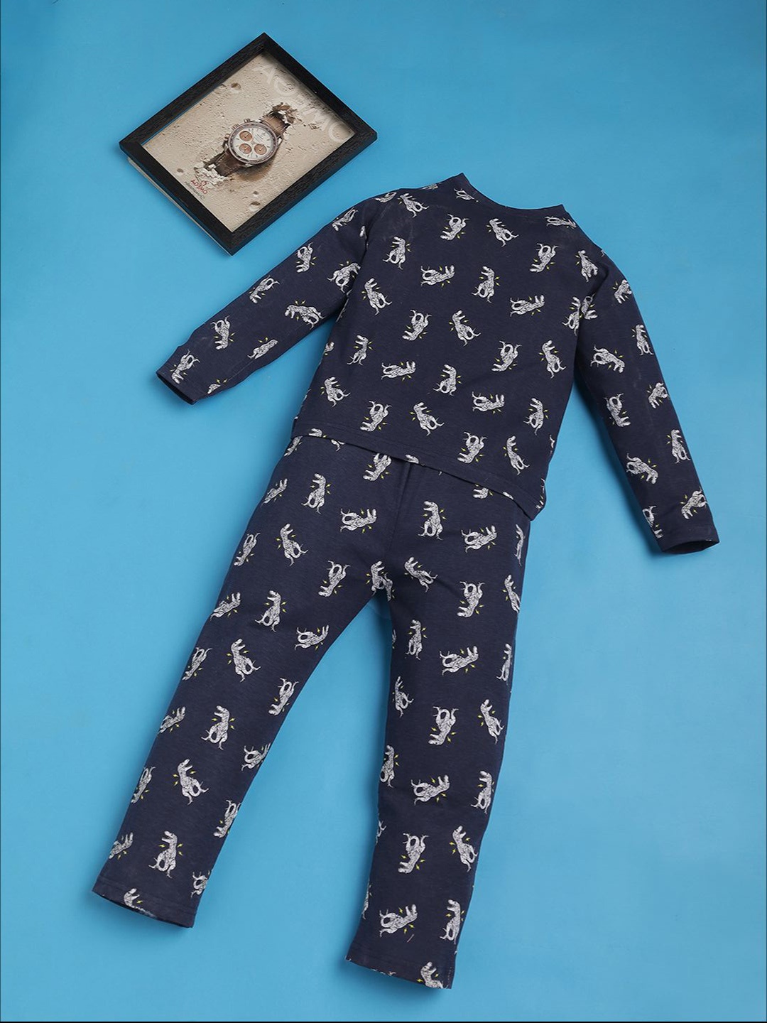 

RAINE AND JAINE Boys Printed Pure Cotton Night suit, Navy blue