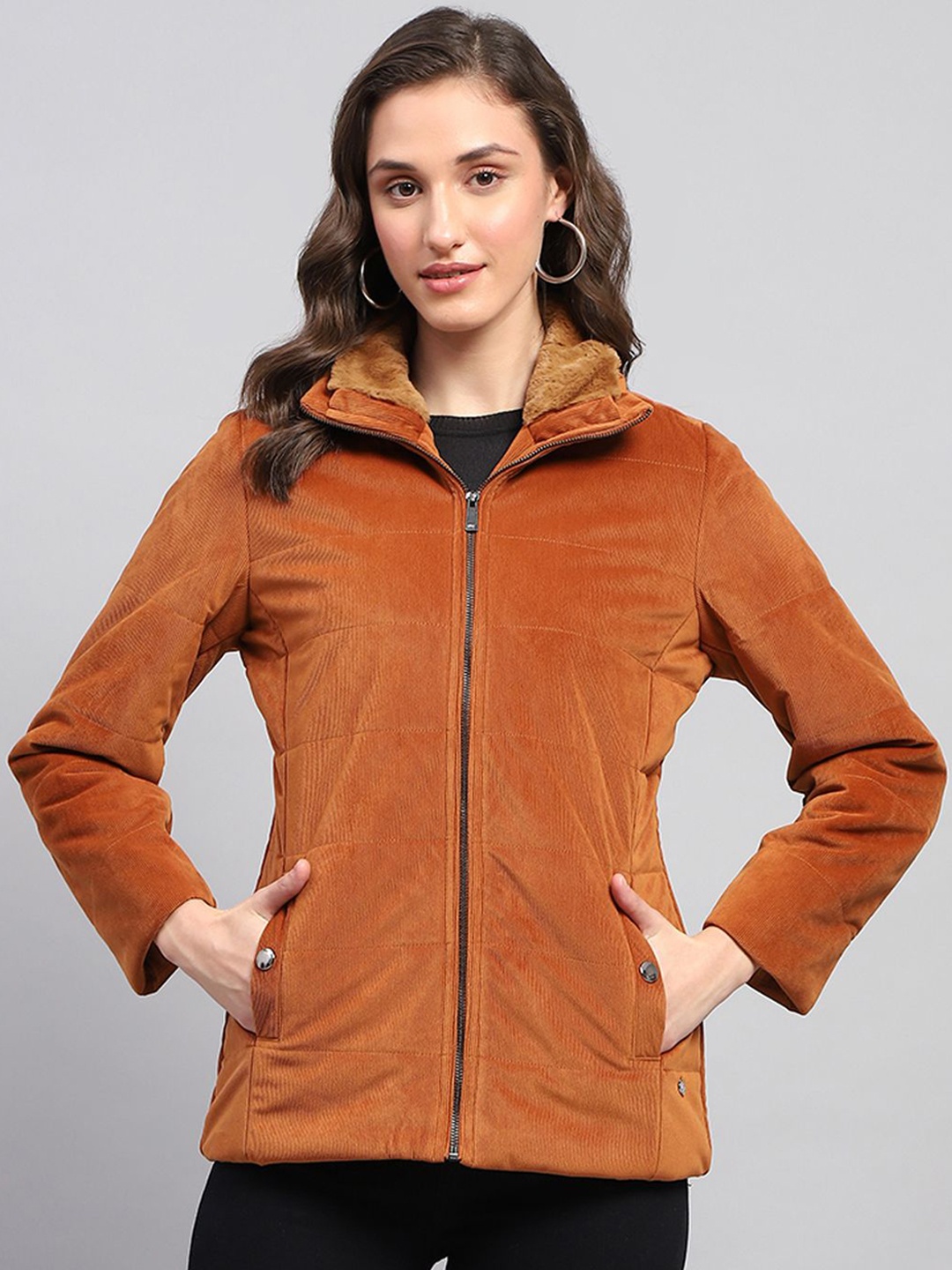 

Monte Carlo Women Solid Stand Collar Tailored Jacket, Rust