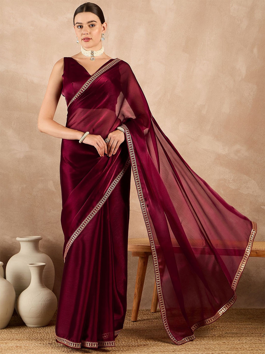 

all about you Embroidered Border Satin Saree, Maroon