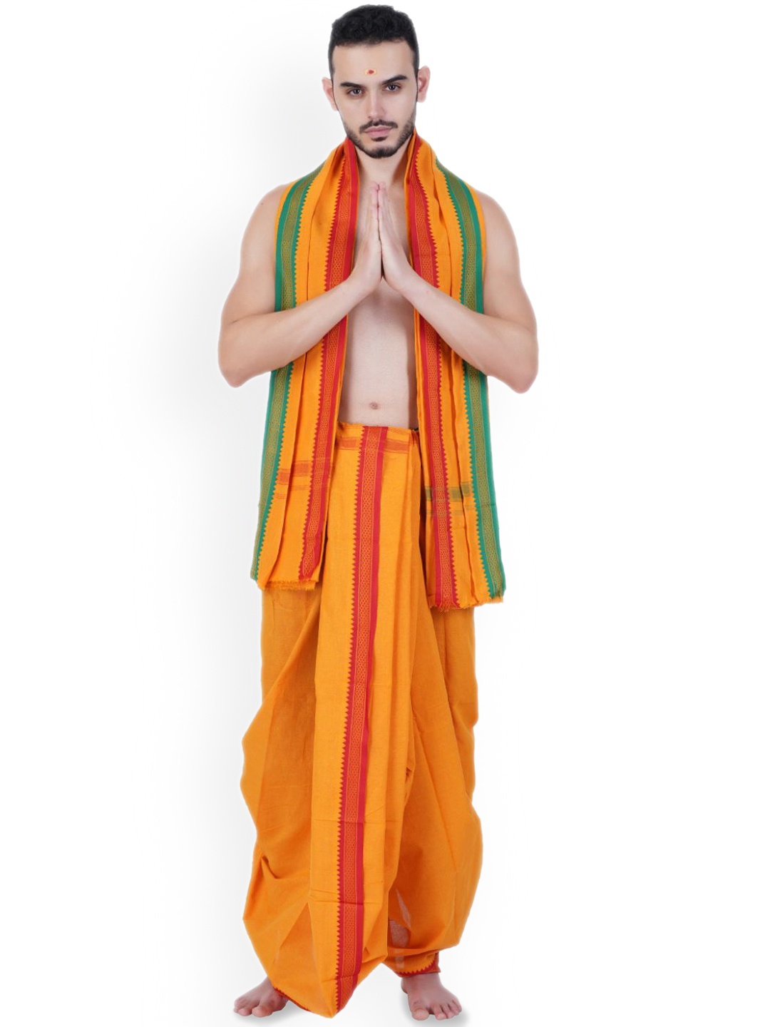 

Ethazh Men Cotton Dhotis With Angavastram, Yellow