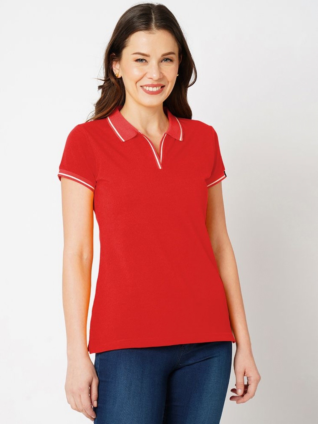 

Wear Your Opinion Women Solid Polo Collar Cotton T-shirt, Red