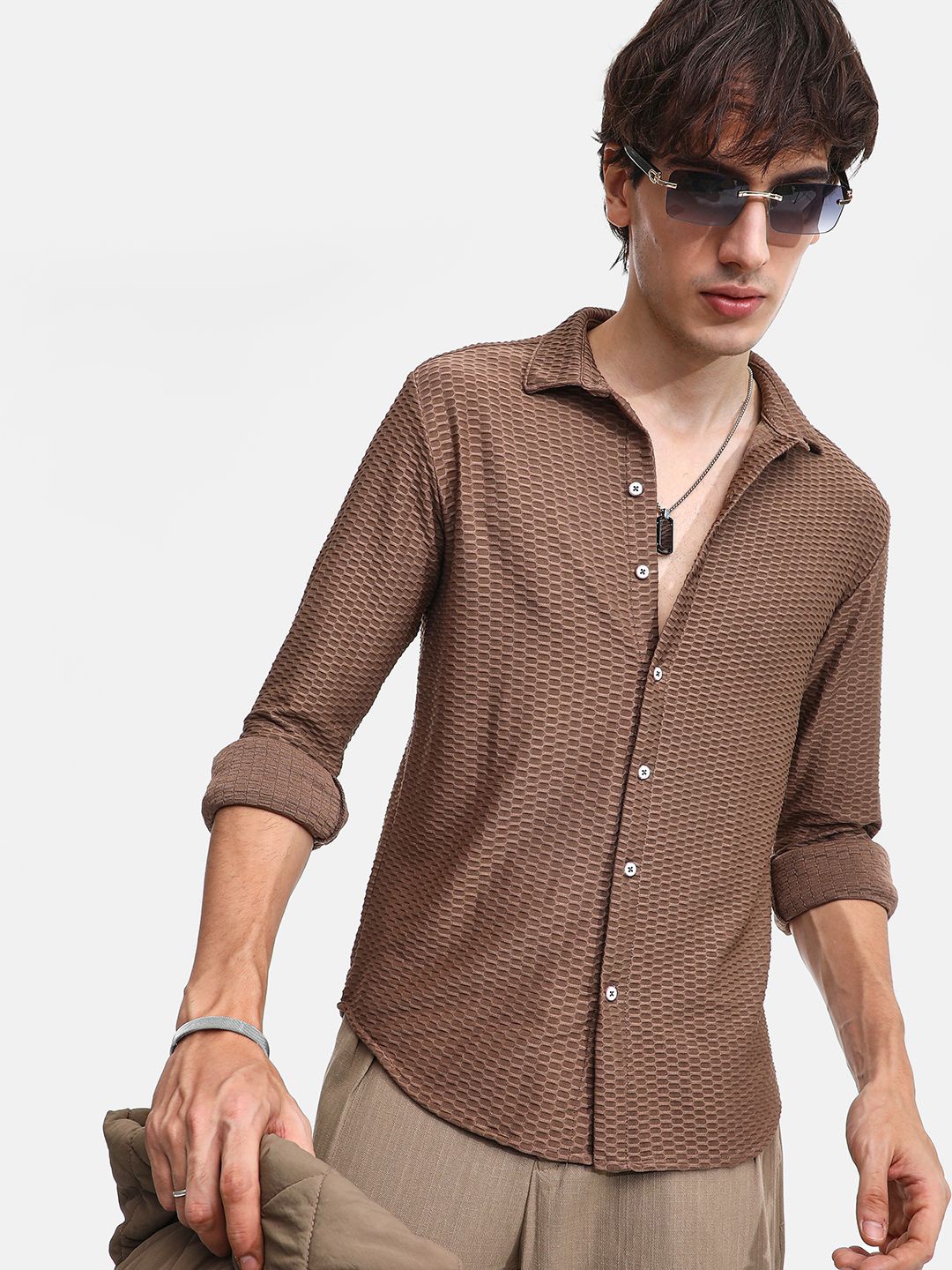 

Campus Sutra Men Comfort Spread Collar Textured Cotton Casual Shirt, Brown