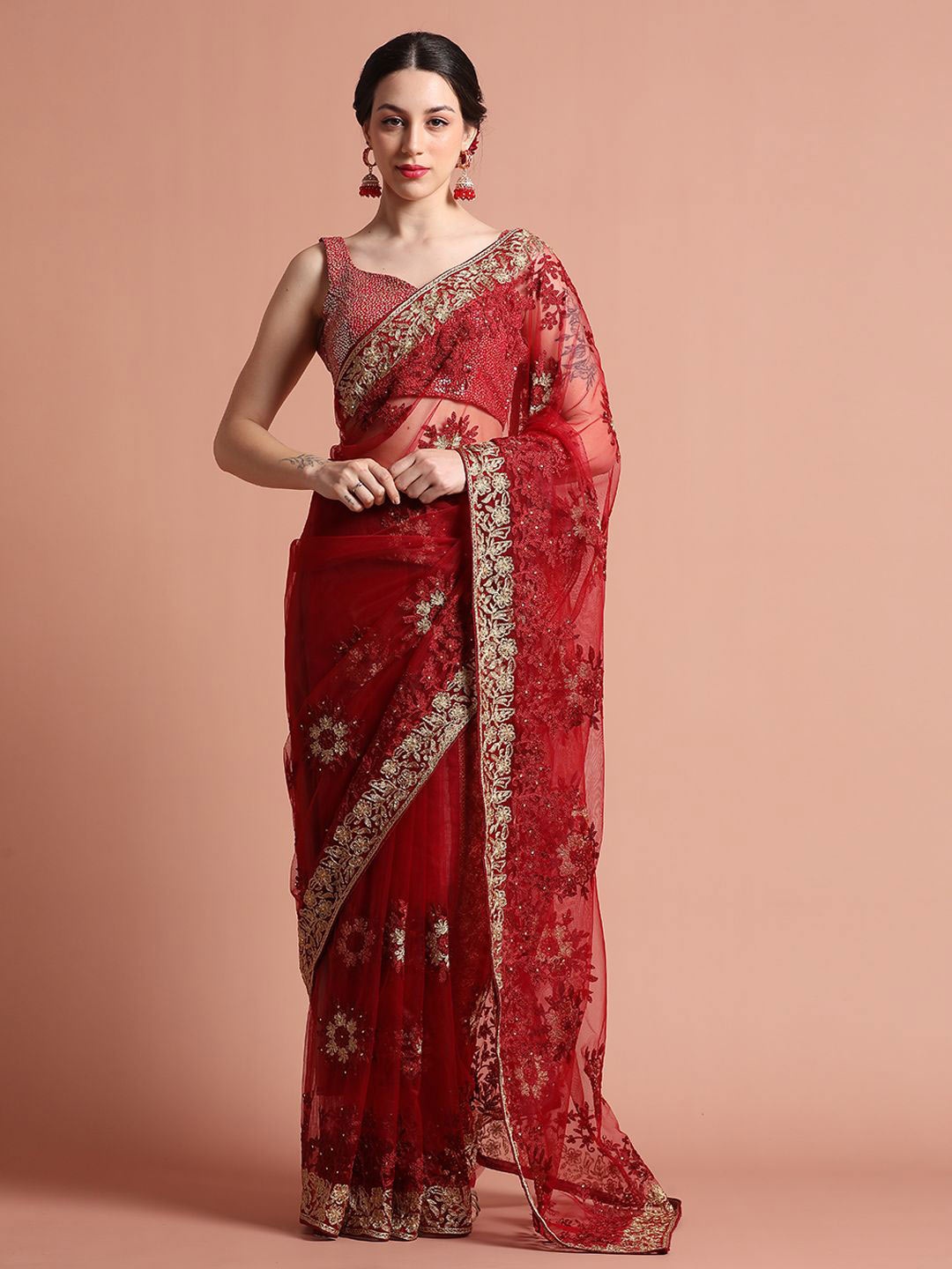 

Jaipur Kurti Floral Embroidered Net Party Wear Saree, Maroon