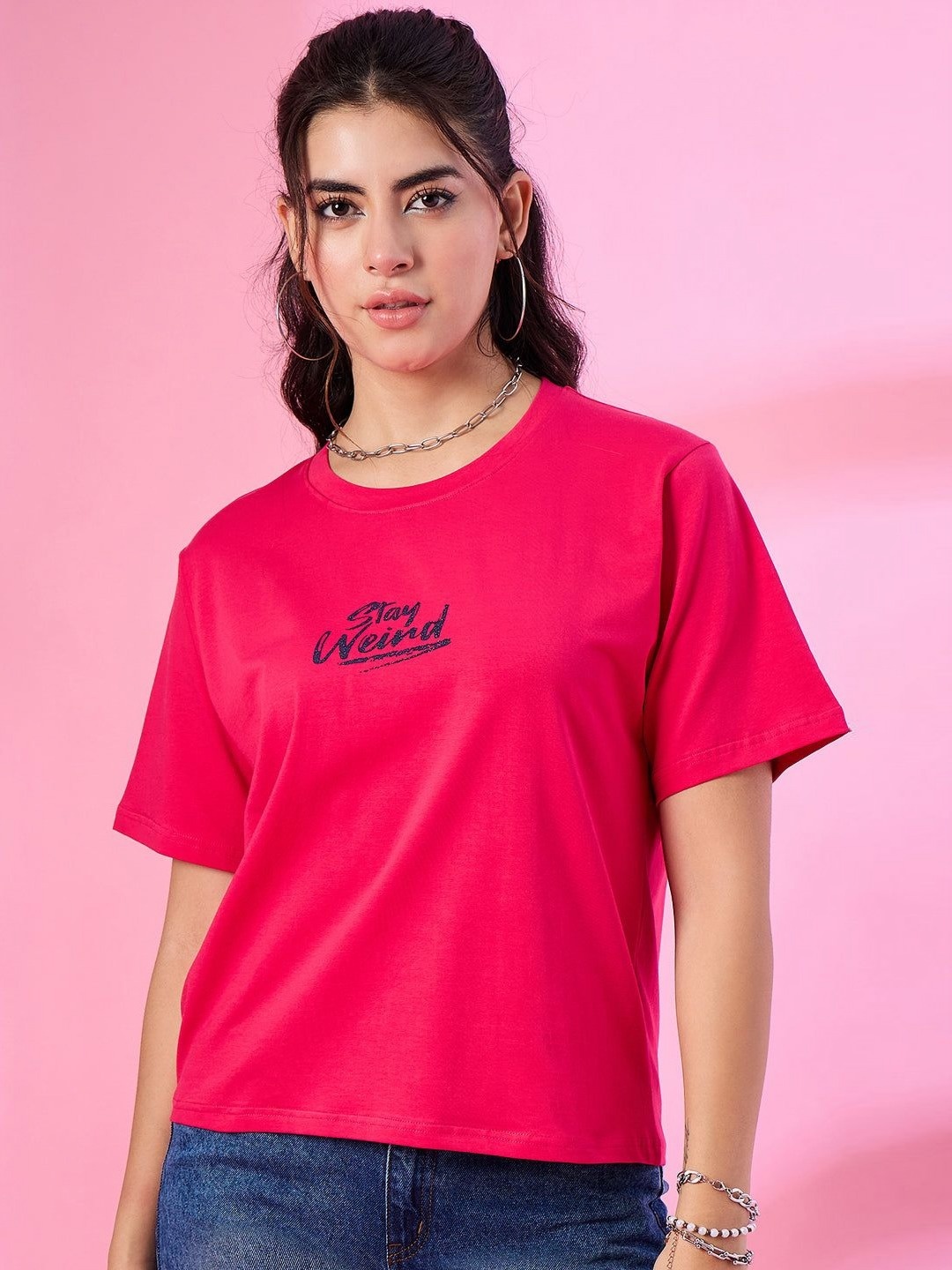 

CUPID Women Typography Printed Round Neck Cotton Oversized T-shirt, Pink