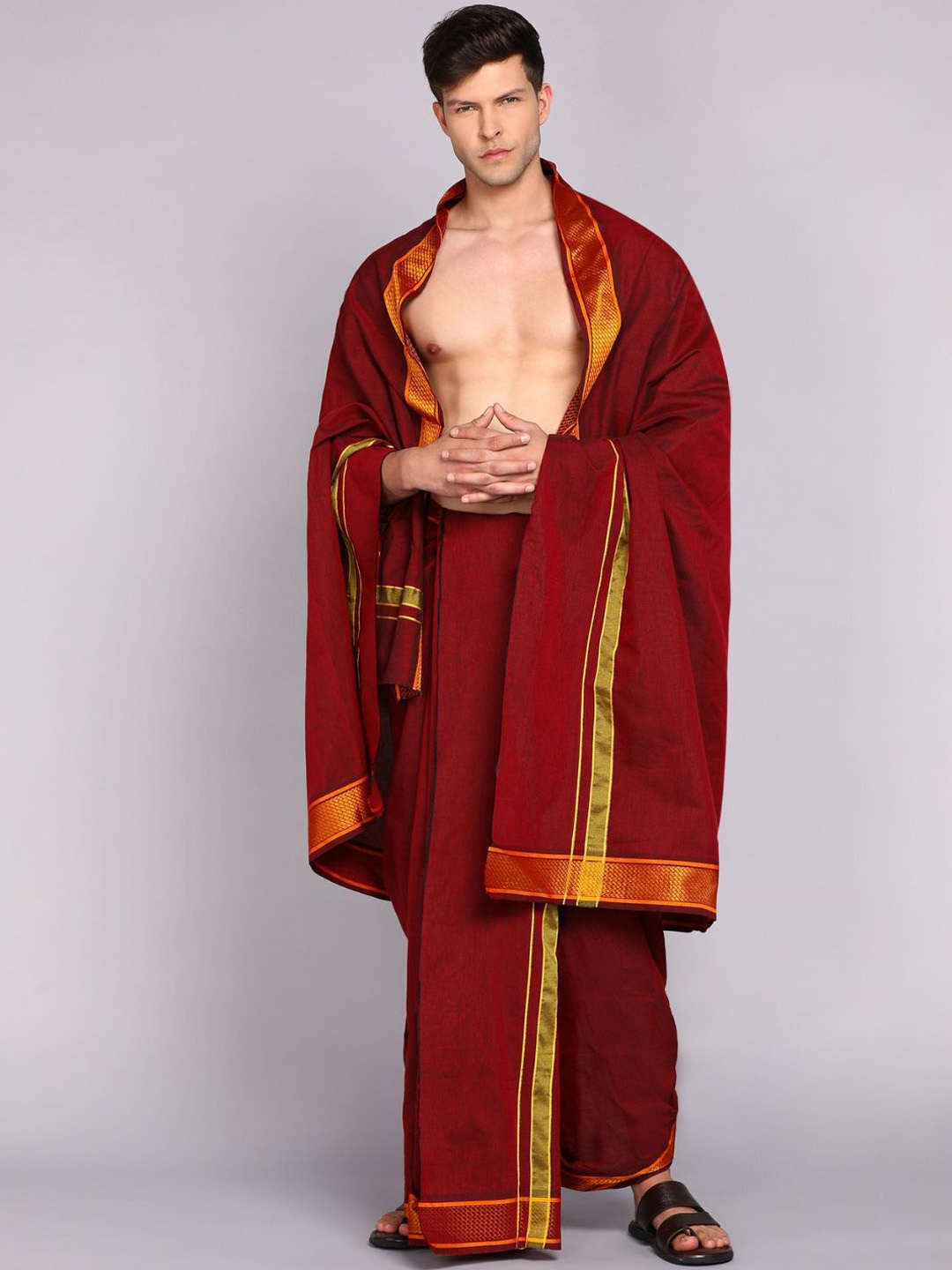 

Ethazh Men Dhoti With Angavastram, Maroon