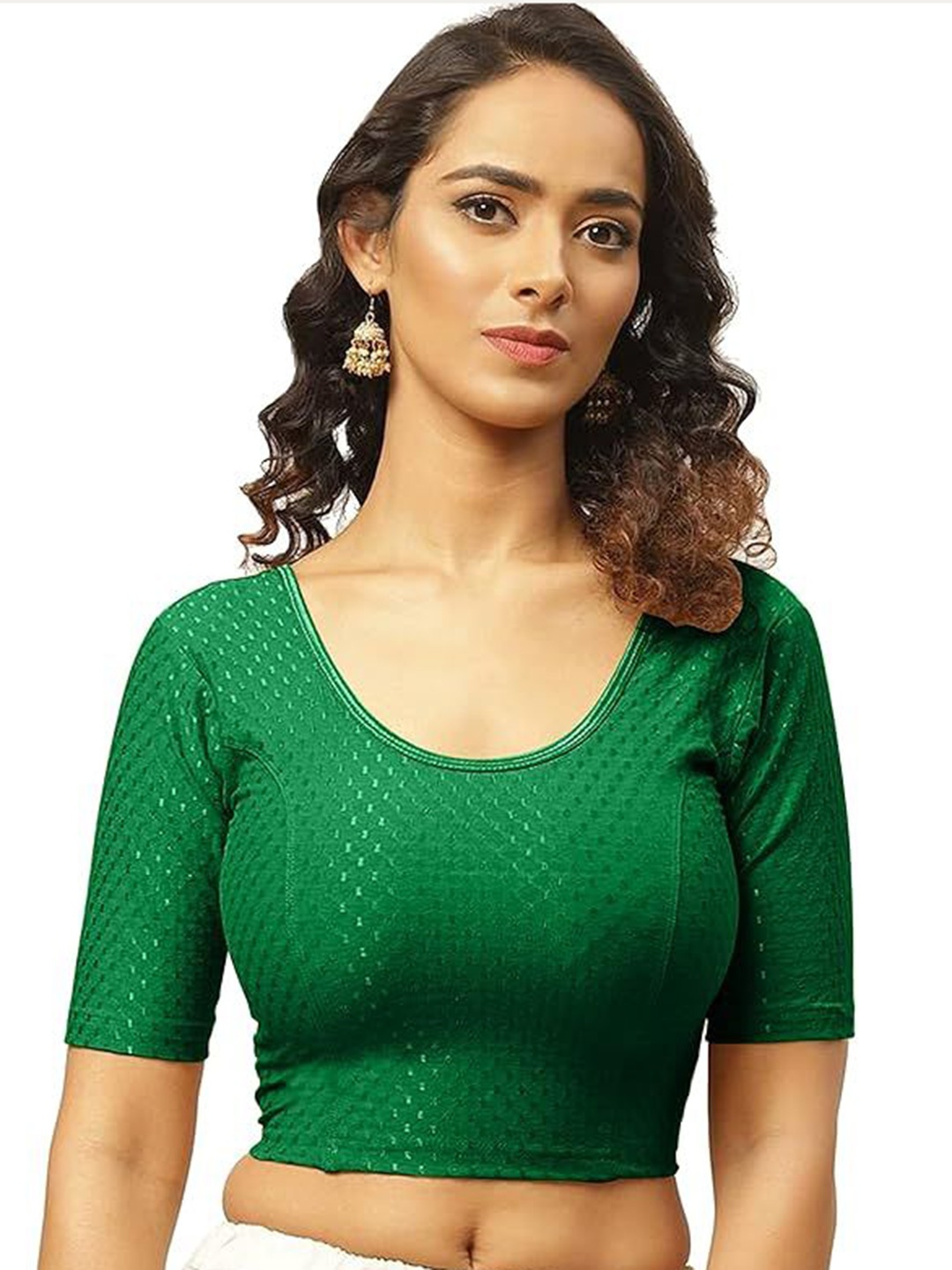 

Fressia Fabrics Short Sleeve Self Design Saree Blouses, Green