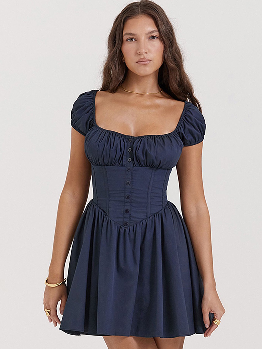 

LULU & SKY Solid Puff Sleeve Corset Mini Dress, Navy blue