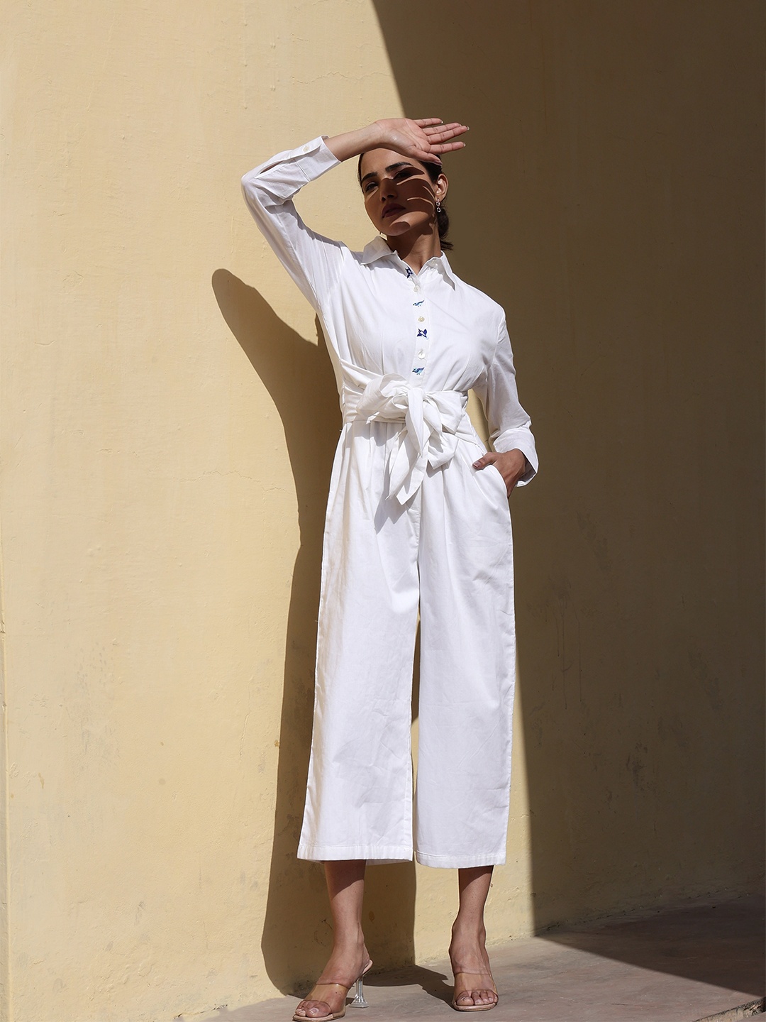 

CUSTARD Shirt Collar Cotton Jumpsuit with Waist Tie-Ups, White