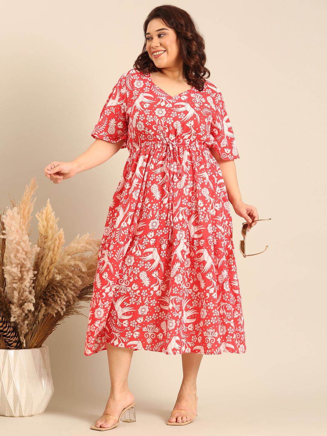 

The Pink Moon Plus Size Floral Printed Fit & Flare Midi Dress, Orange