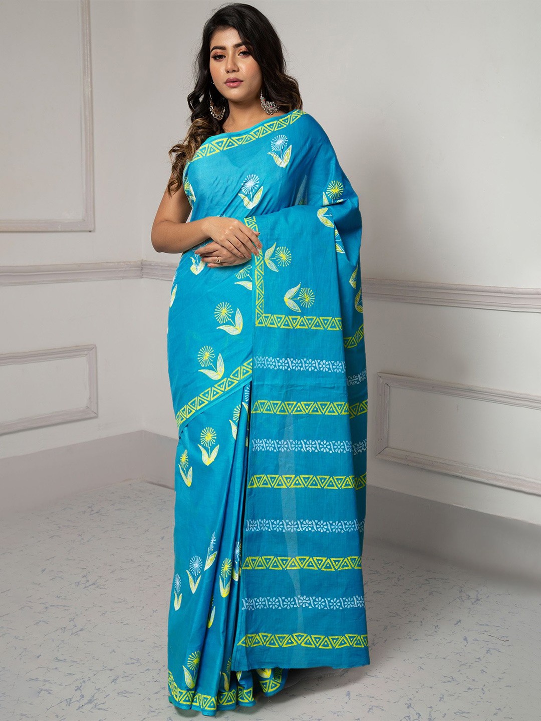

Unnati Silks Ethnic Motifs Pure Cotton Handloom Block Print Saree, Blue