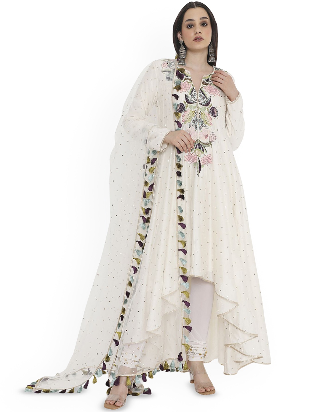 

Payal Singhal Embroidered Thread Work High-Low Anarkali Kurta With Churidar & Dupatta, Off white