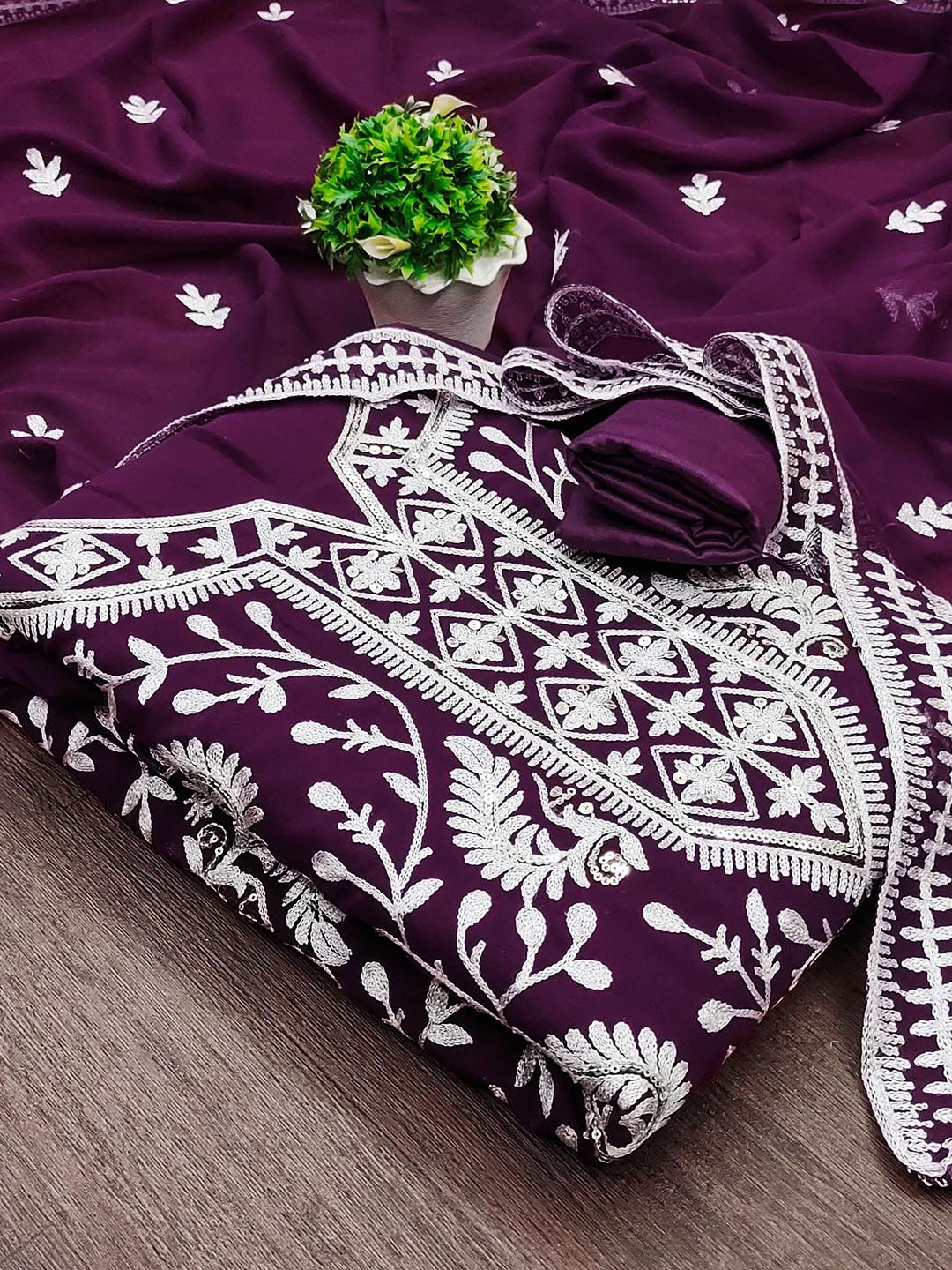 

Maroosh Floral Embroidered Sequinned Unstitched Dress Material, Purple