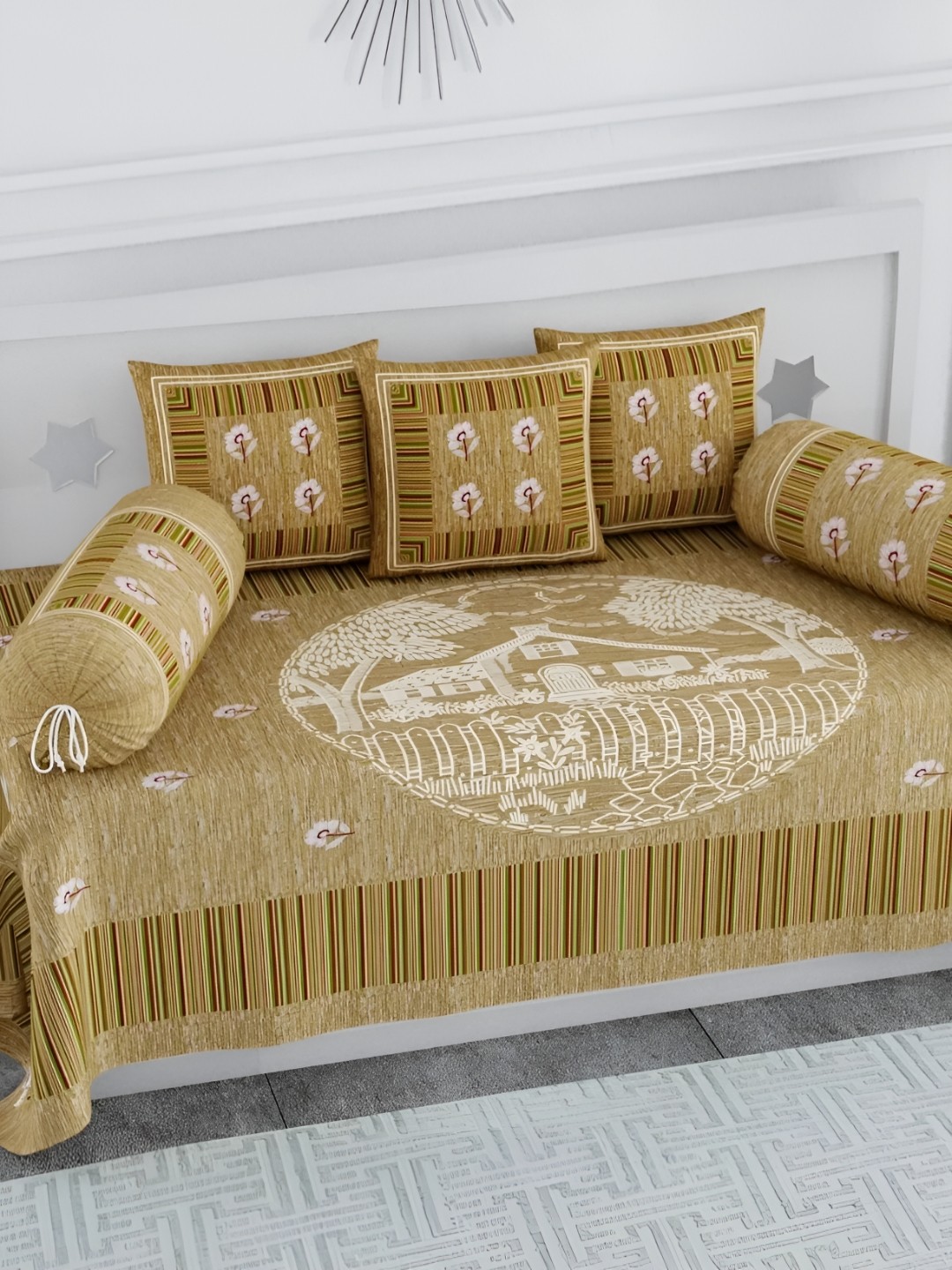 

LIVING ROOTS Brown & White 8 Pieces Ethnic Motifs Printed Cotton Diwan Set