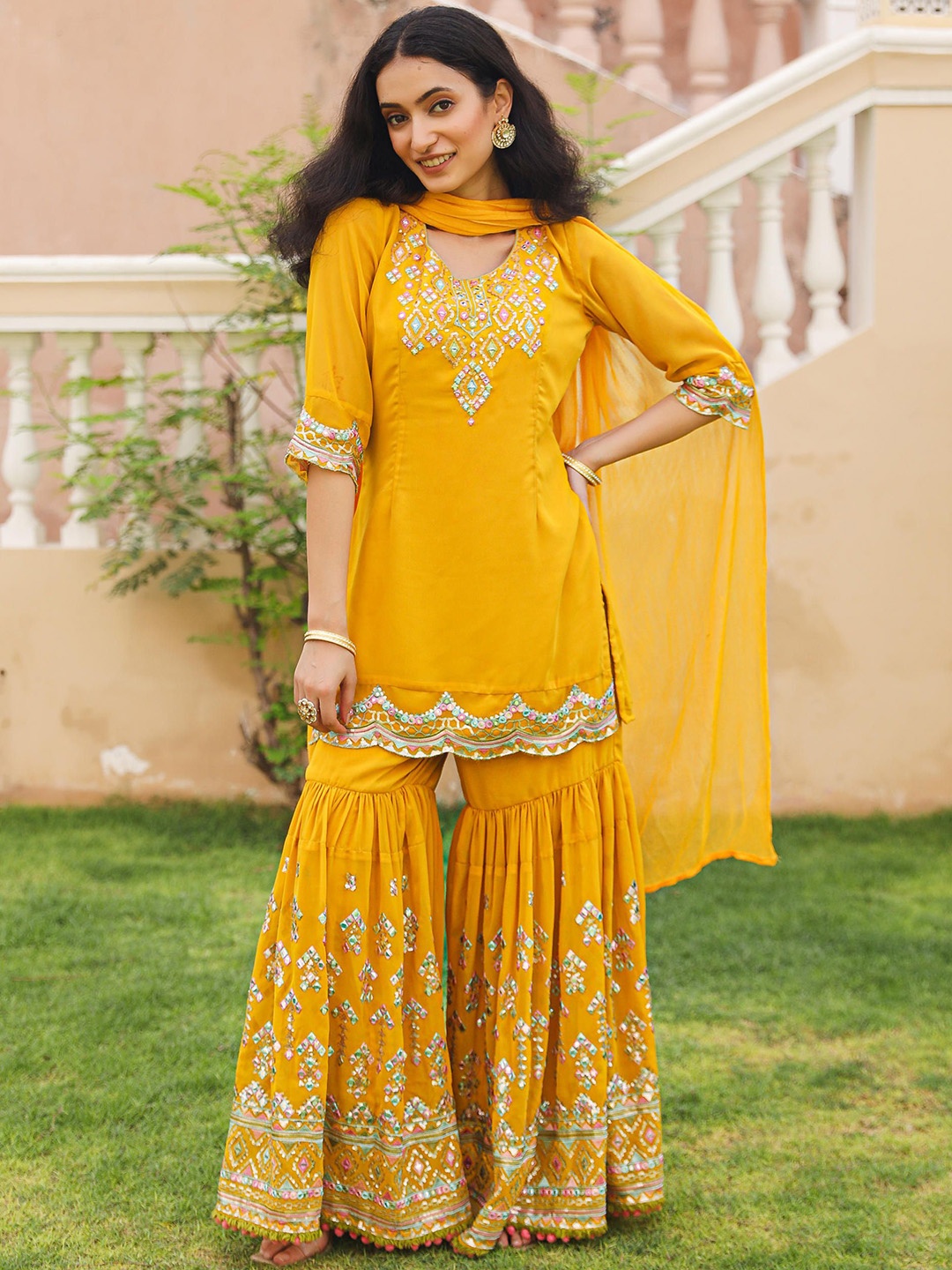 

Juniper Geometric Embroidered Mirror Work Georgette Straight Kurti With Sharara & Dupatta, Mustard