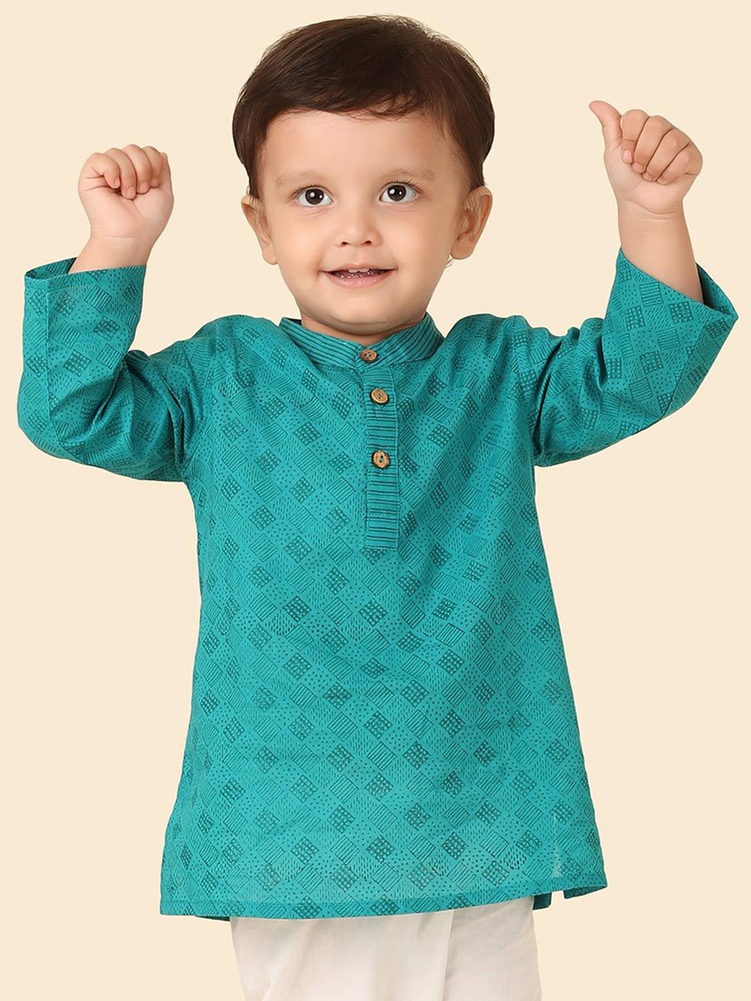 

Fabindia Boys Geometric Printed Band Collar Cotton Straight Kurta, Teal