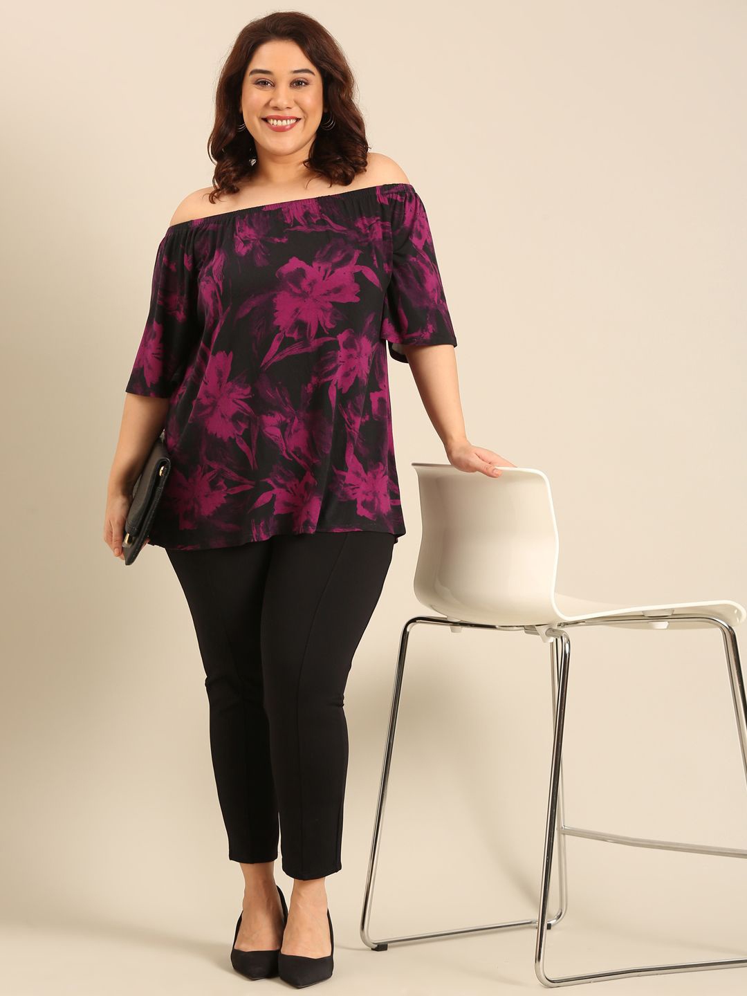 

The Pink Moon Women Floral Printed Off-Shoulder Plus Size Top, Black