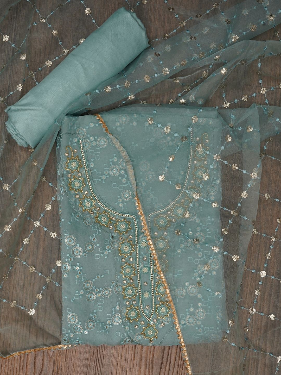 

Jaipur Kurti Festive Embellished Organza Dress Material with Dupatta, Sea green
