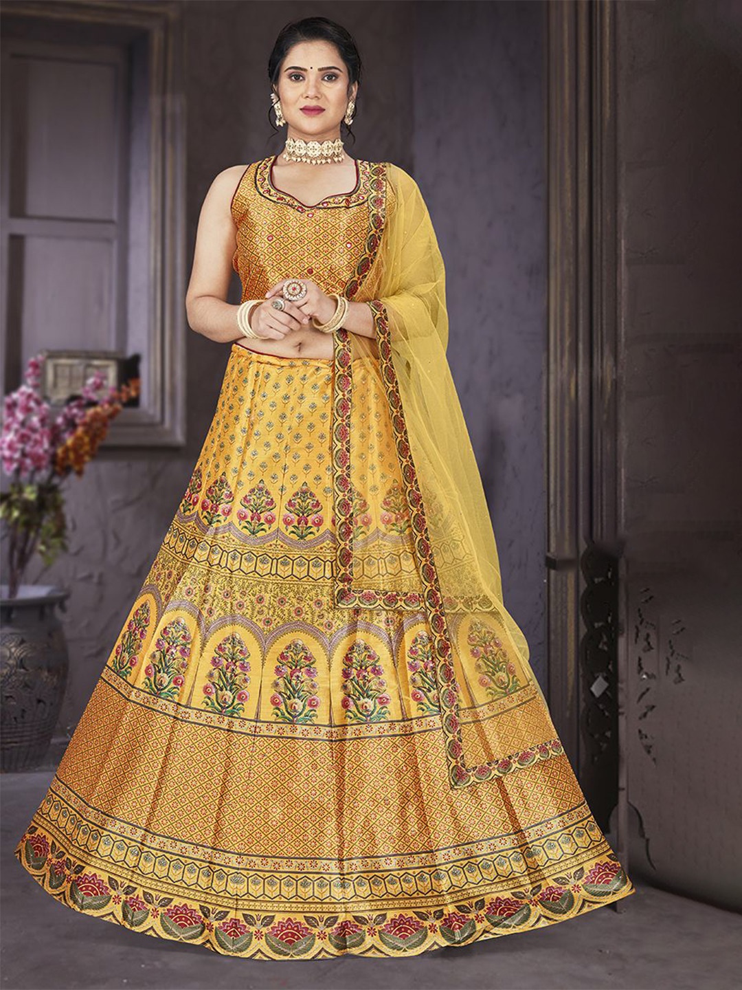 

Krimmple Printed Beads and Stones Ready to Wear Lehenga & Blouse With Dupatta, Yellow