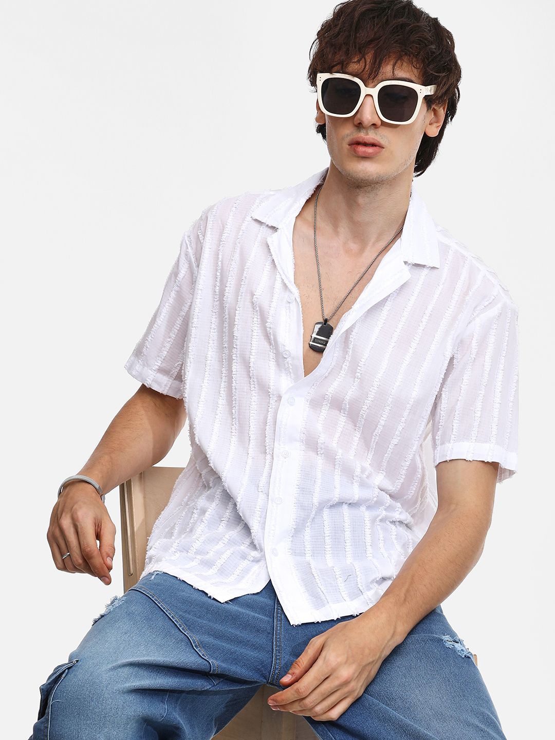 

Campus Sutra Men Comfort Cuban Collar Striped Cotton Casual Shirt, White