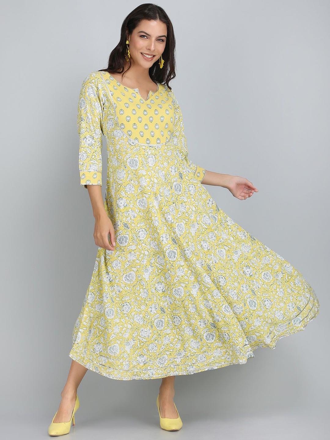 

Rubellite Floral Printed Notch Neck A Line Dress, Yellow