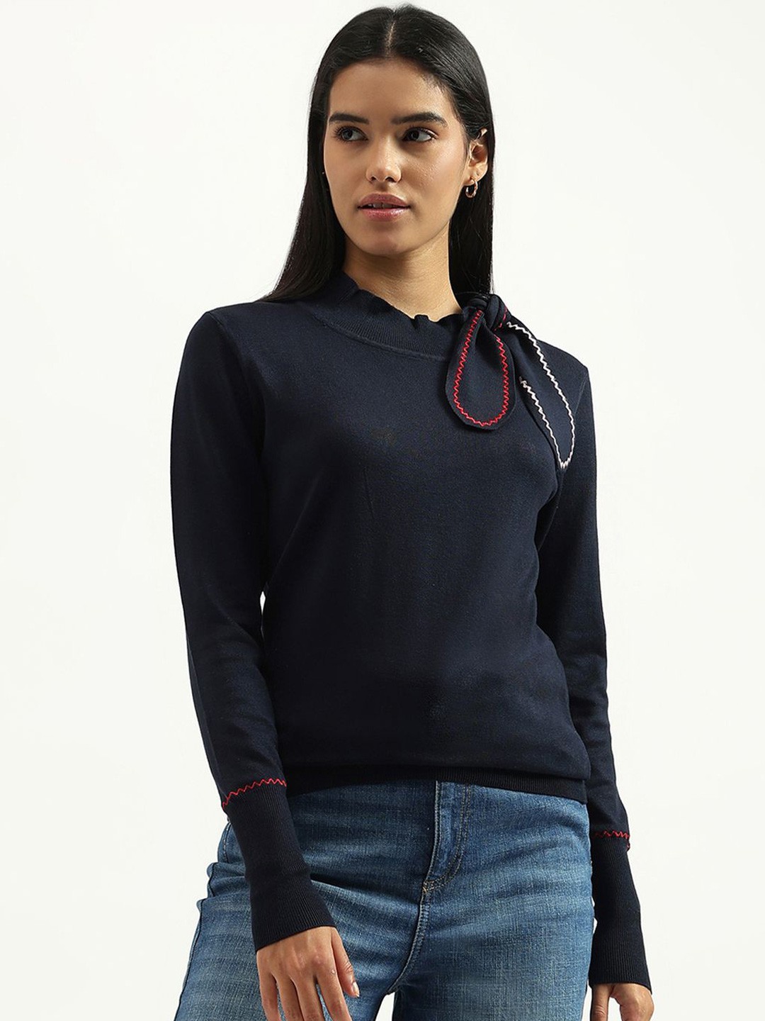 

United Colors of Benetton Women Solid Round Neck Top, Navy blue