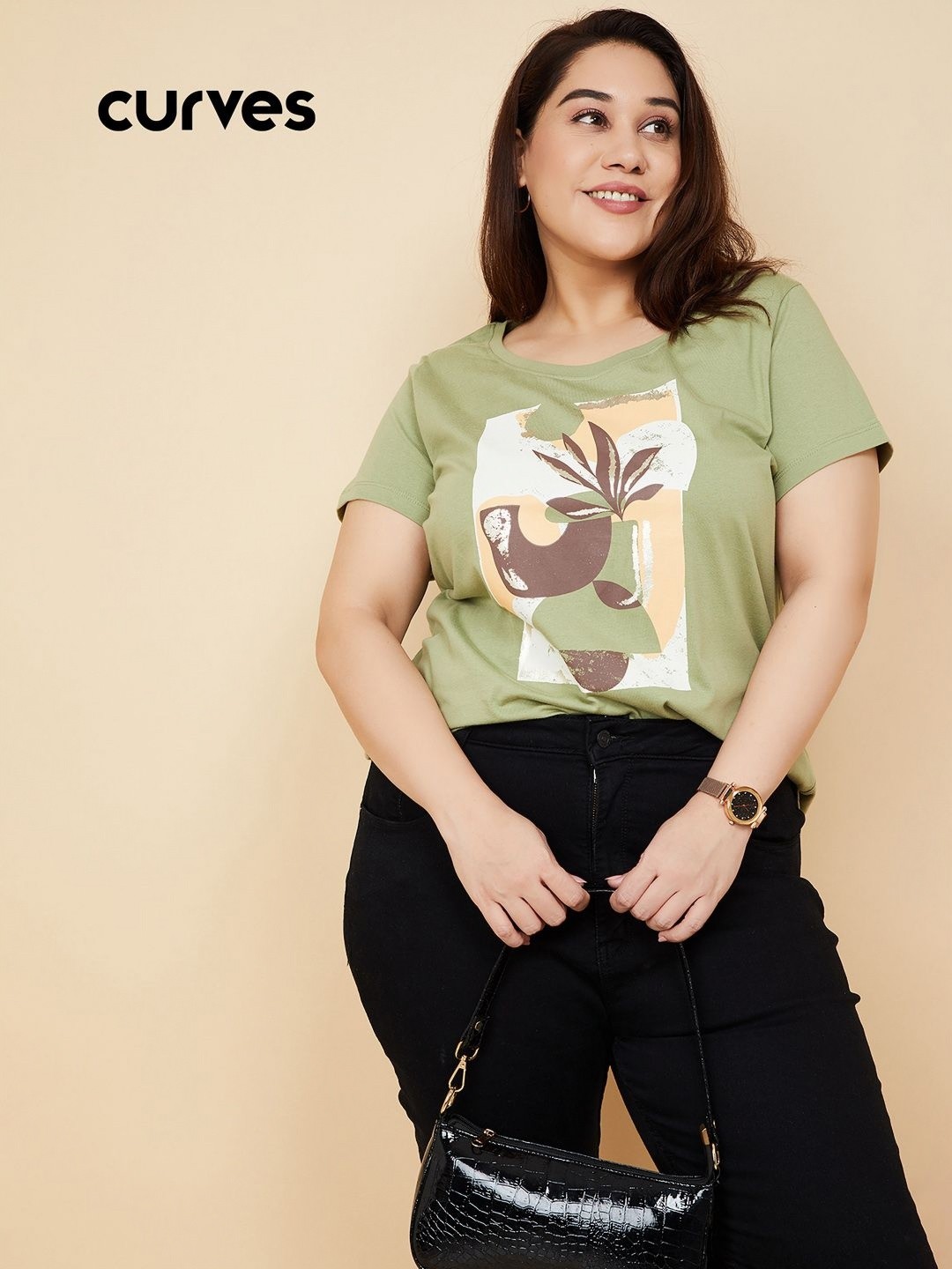 

max Women Floral Printed Round Neck Cotton T-shirt, Green