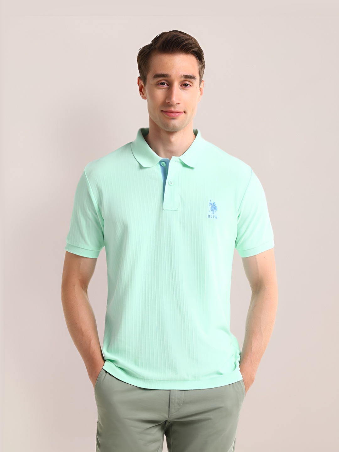 

U.S. Polo Assn. Men Solid Polo Collar Pure Cotton Slim Fit T-shirt, Green