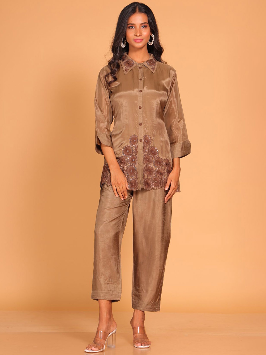 

Morchari Floral Embroidered Mirror Work Pure Silk Tunic with Trousers, Brown