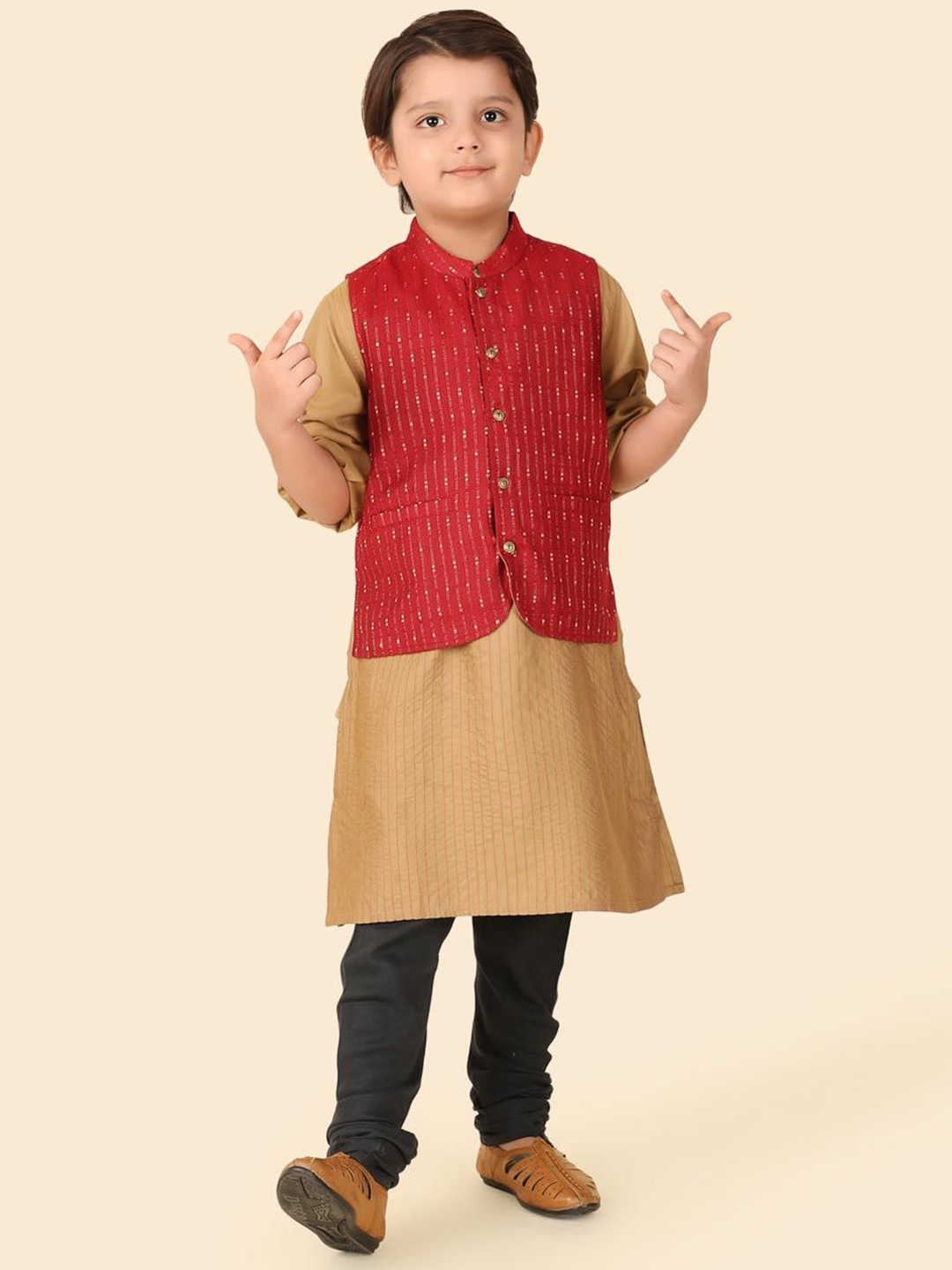 

Fabindia Boys Striped Band Collar Straight Kurta With Nehru Jacket, Beige
