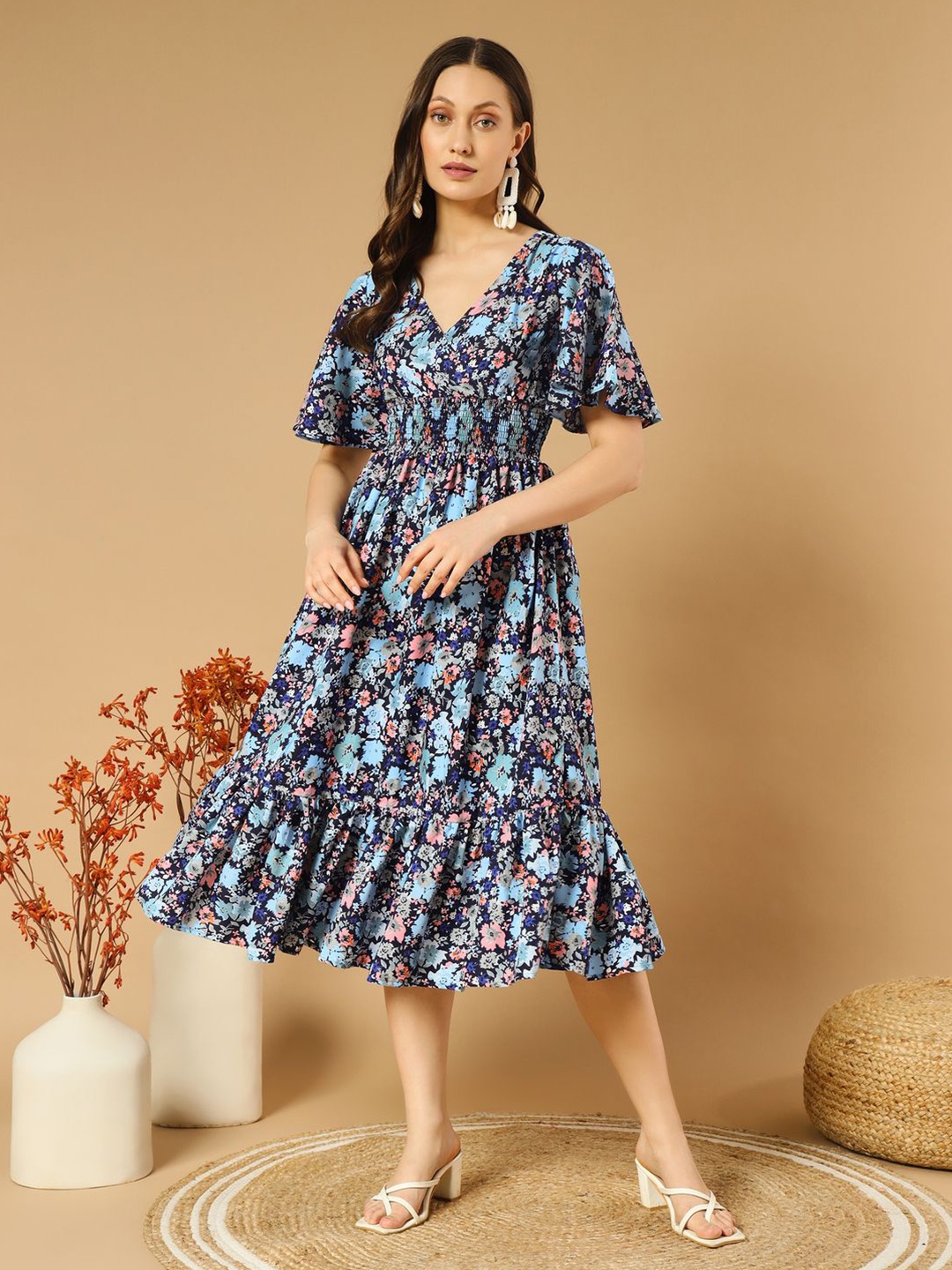 

OTABU Floral Print Flared Sleeve Crepe A-Line Midi Dress, Blue