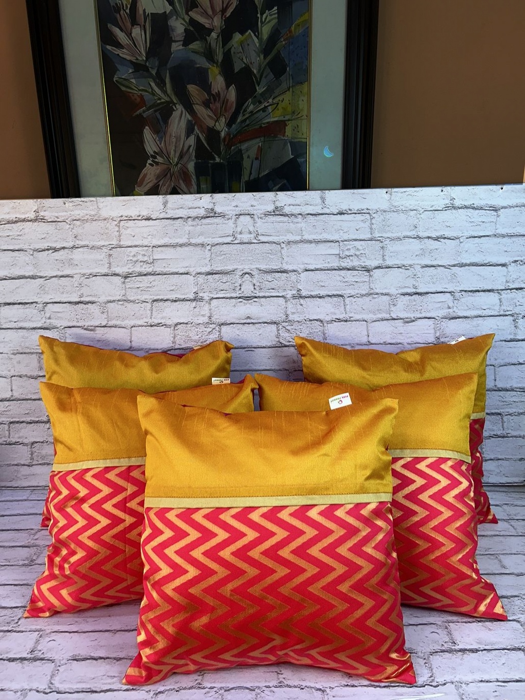 

Pink Parrot Red & Mustard 5 Pieces Geometric Square Cushion Covers