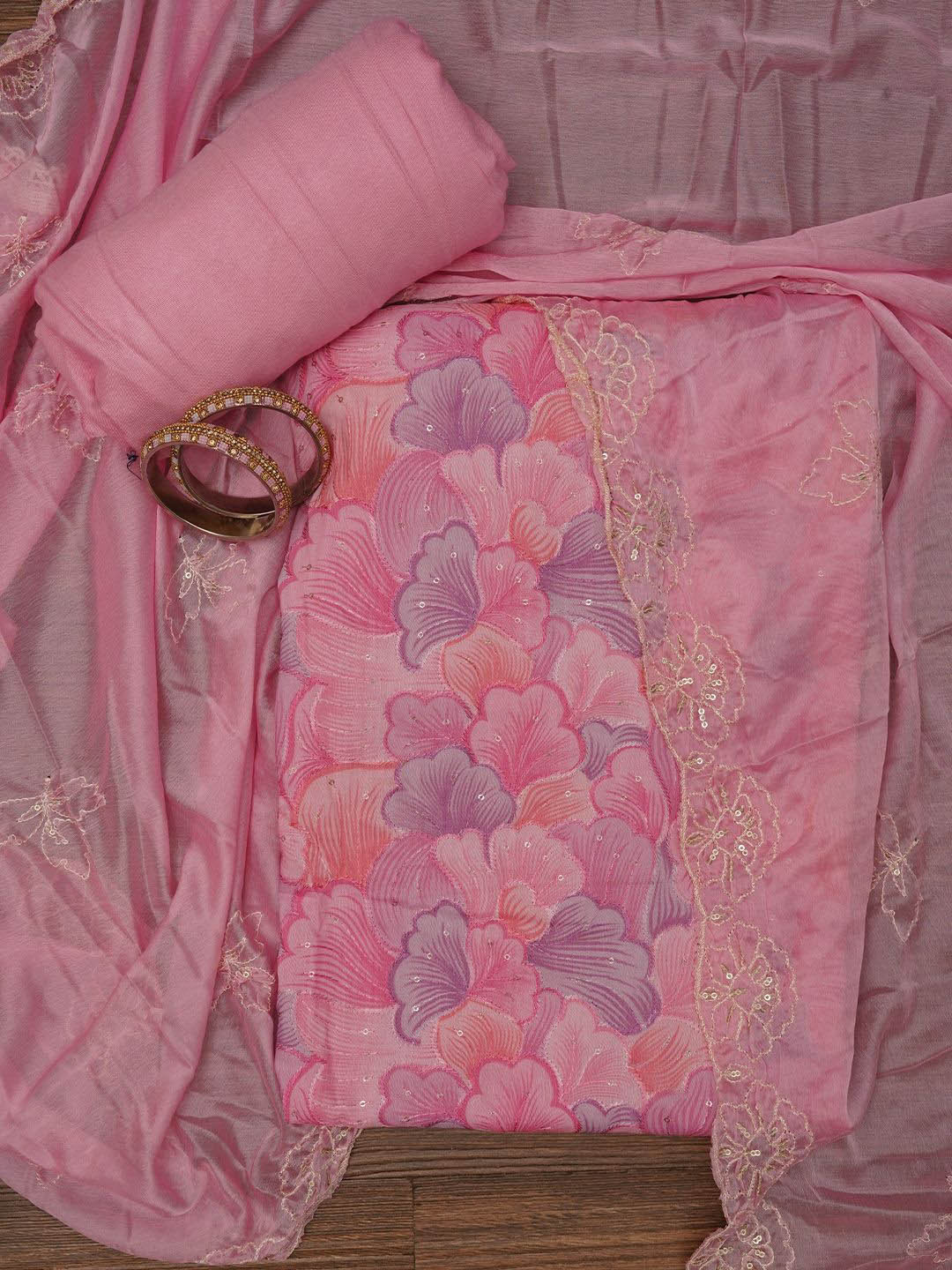 

Jaipur Kurti Sequin Embellished Floral Printed Cotton Dress Material with Dupatta, Pink