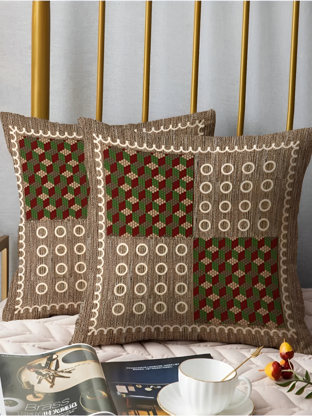

LIVING ROOTS Brown & White 8 Pieces Ethnic Motifs Printed Cotton Diwan Set