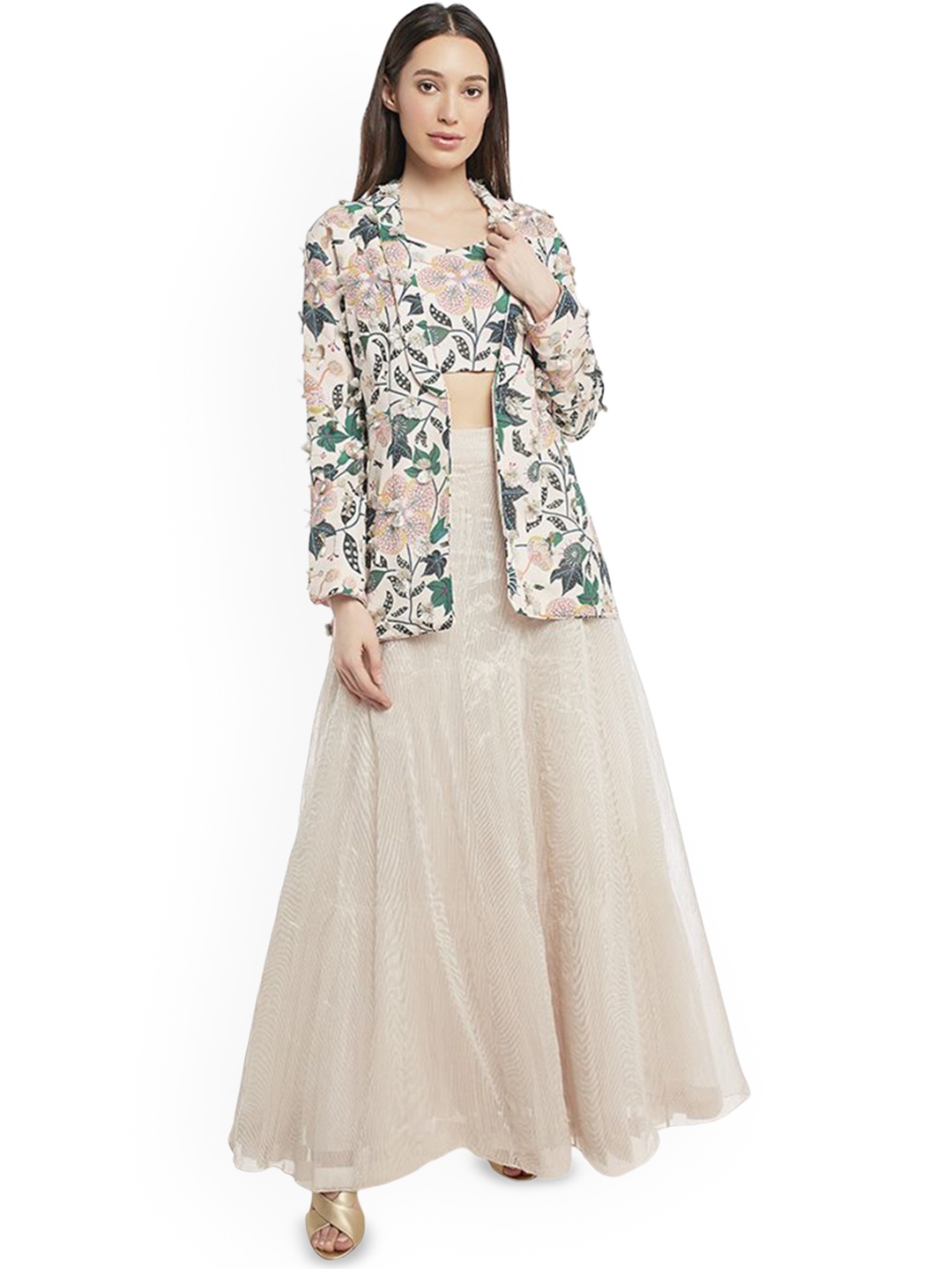 

Payal Singhal Printed Jacket With Bustier & Stripe Skirt Co-Ords, Beige