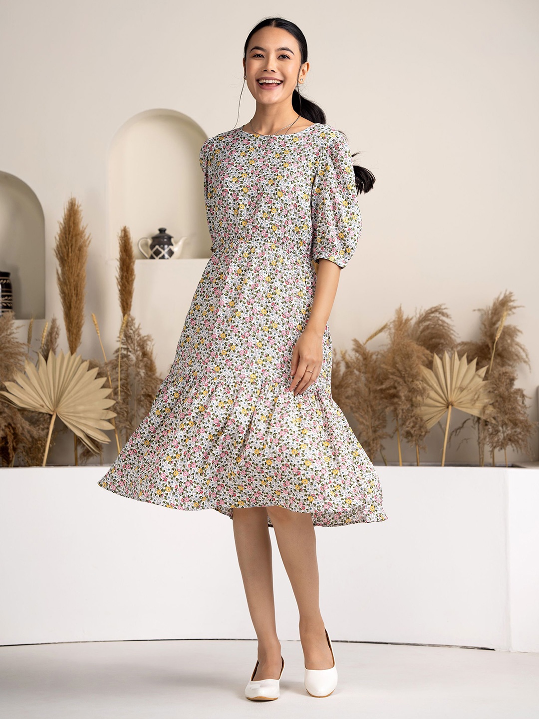 

AASK Floral Printed Tiered Fit & Flare Dress, White